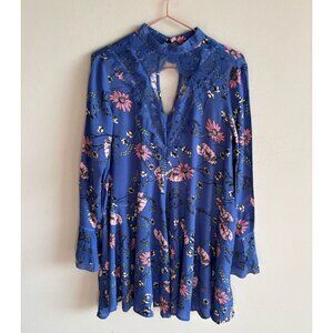 Lulus Women Long Lace Sleeve Floral Print Lace Detailed At the Top Mini Dress Bl